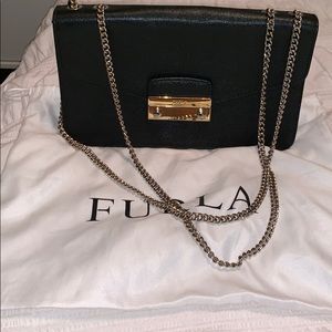 Furla black purse with long chain